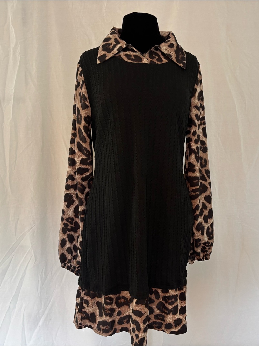Mob Wife Black /Leopard Print Long Sleeve Tunic Dress Y2K Chic Old Money Glam XL